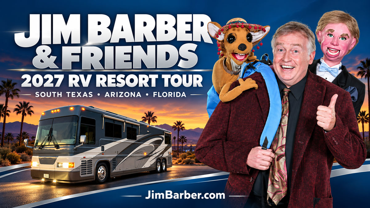 Jim Barber with Chico, Seville, and The Barber Bus promoting the 2027 RV resort tour through South Texas, Arizona, and Florida.