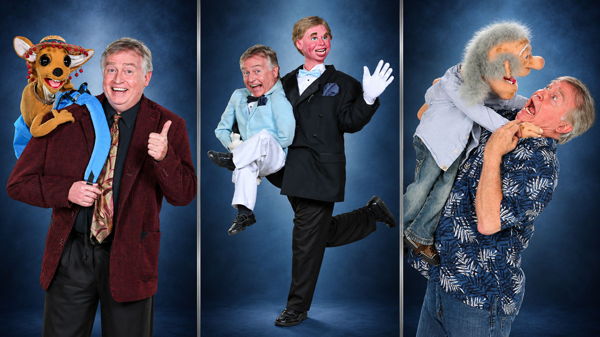 Three-photo montage of ventriloquist Jim Barber performing with his characters Chico, Seville, and Cozy.