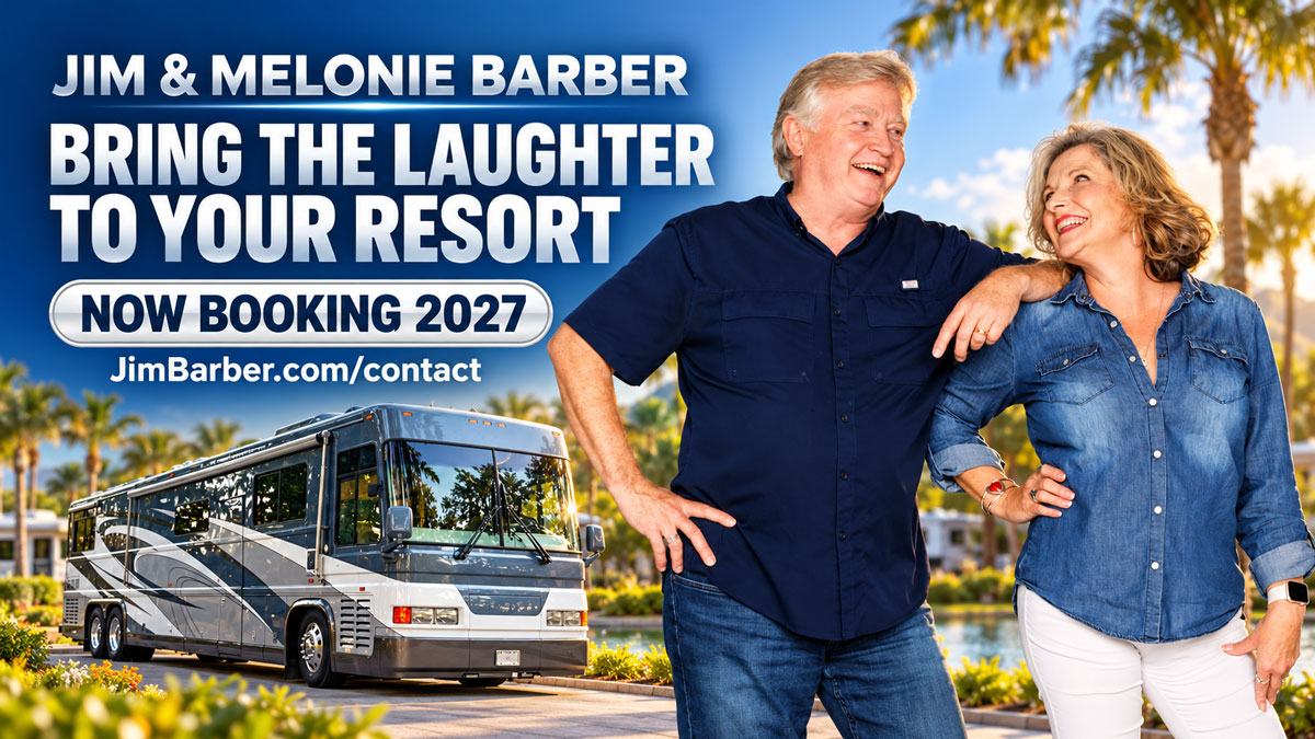 im and Melonie Barber with The Barber Bus inviting RV resorts to book their 2027 comedy and music show.